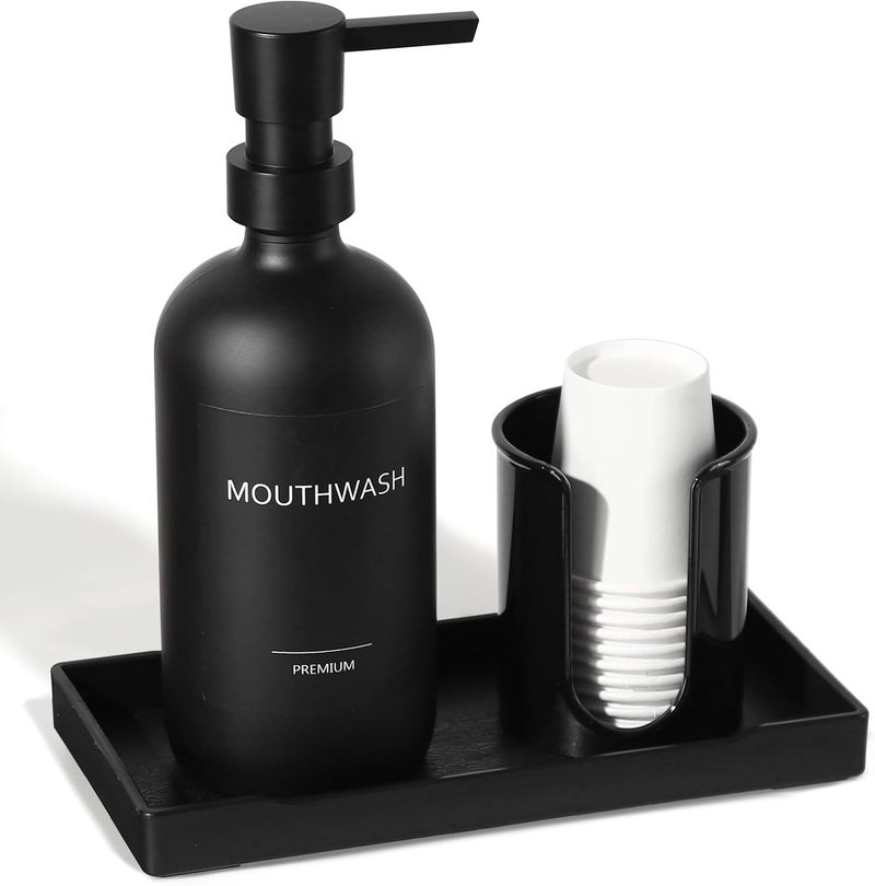 TOLDATLI Mouthwash Dispenser for Bathroom, Glass Mouth Wash Pump Dispenser with Cup Holder, 17 Fl Oz Mouthwash Bottle Decanter with Tray, Refillable Mouthwash Dispenser Container (Matte Black) - Image 1